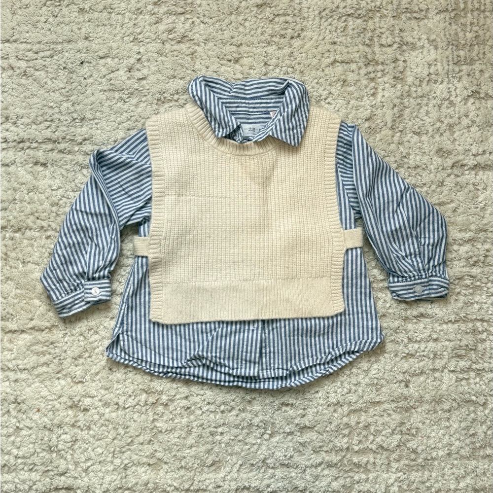 ZARA kids Striped Blue Shirt with Cream Knit Vest